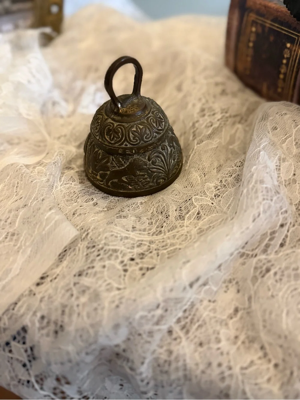 Ornate Antique-Style Bronze Decorative Bell - Brown